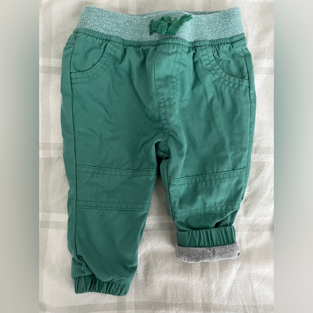 soft lined green pants stretchy waist boys size 3-6 months